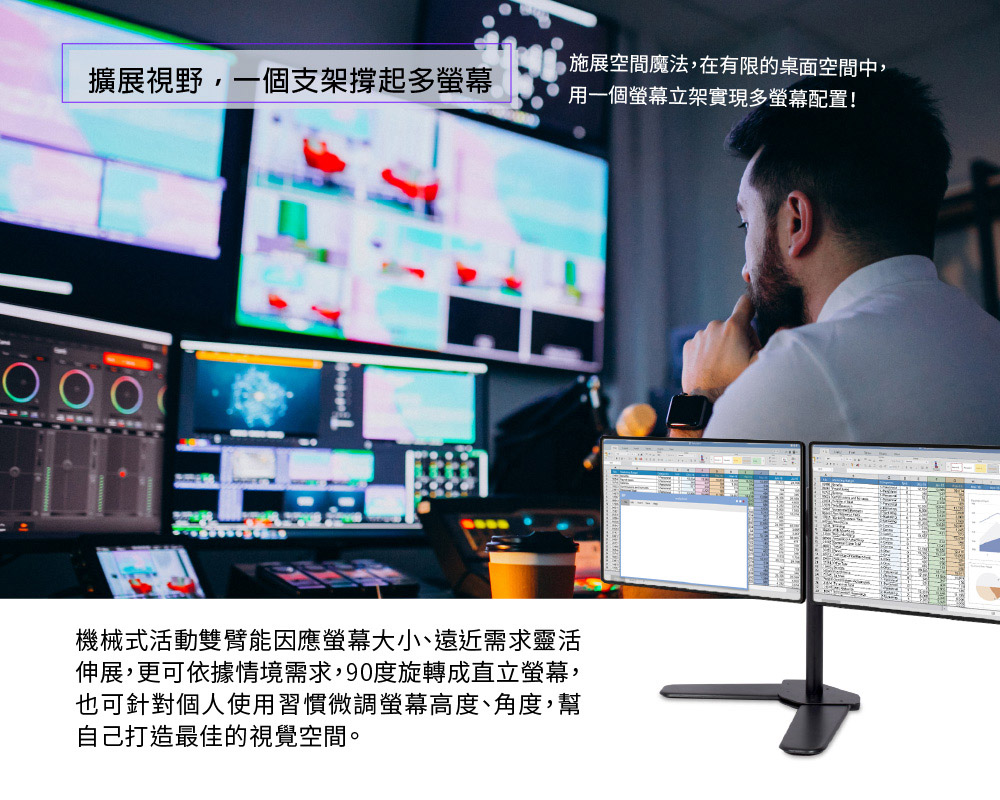 多螢幕顯示器支架 機械式雙臂 桌面空間整理